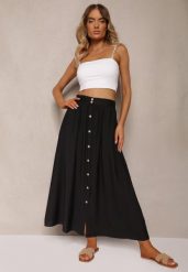 Czarna Wiskozowa Spódnica Rozkloszowana z Lnem Ozdobiona Guzikami Namsila. Czarne spódnice Renee, na co dzień, s, z aplikacjami, z bawełny, eleganckie, maxi, koszulowe. Za 59.99 zł.