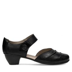 Półbuty Rieker. Czarne czółenka Rieker, bez wzorów, bez obcasa, na obcasie, bez zapięcia. Za 299.99 zł.