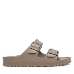 Klapki Birkenstock. Brązowe klapki Birkenstock, bez wzorów, bez obcasa. Za 249.99 zł.