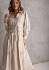 Beżowa Rozkloszowana Sukienka Koszulowa z Bawełny i Wiskozy Zdobiona Klapami Gleta. Brązowe sukienki Renee, na co dzień, l, z aplikacjami, z bawełny, eleganckie, bez kołnierzyka, bez ramiączek, maxi, koszulowe. Za 129.99 zł.