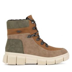 Botki Rieker. Brązowe botki Rieker, bez wzorów, bez obcasa, na płaskiej podeszwie, bez zapięcia. Za 279.99 zł.