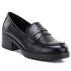 Półbuty damskie mokasyny na obcasie czarne Potocki SZ12870. Czarne mokasyny POTOCKI, bez wzorów, ze skóry ekologicznej, bez obcasa. Za 139.99 zł.