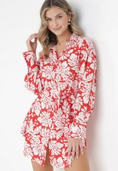 Czerwona Koszulowa Sukienka Mini z Materiałowym Paskiem i Szerokimi Mankietami Fidonisa. Czerwone sukienki Born2be, l, bez wzorów, z materiału, bez kołnierzyka, bez ramiączek, mini, koszulowe. Za 69.99 zł.