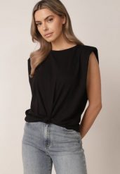 Czarny Bawełniany Top Oversize Bez Rękawów z Wiązaniem i Poduszkami w Ramionach Apixie. Czarne topy Born2be, bez wzorów, z bawełny, bez kołnierzyka, bez ramiączek. Za 69.99 zł.
