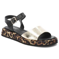 Złote Sandały S.Barski Stylowe Obuwie Damskie Ze Zwierzęcym Printem. Żółte sandały S.BARSKI, bez wzorów, eleganckie, bez obcasa, bez zapięcia. Za 197.99 zł.