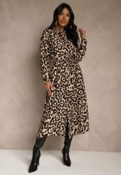 Panterkowa Panterkowa Sukienka z Wiskozą o Koszulowym Kroju z Wiązaniem Saros. Sukienki Renee, na randkę, l, bez wzorów, z tkaniny, bez kołnierzyka, bez ramiączek, maxi, koszulowe. Za 109.99 zł.