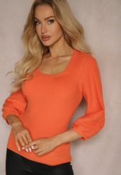Pomarańczowy Sweter Ozdobiony Cyrkoniami i Tłoczonym Wzorem Tanaes. Brązowe swetry Renee, s, z aplikacjami, z jeansu, bez ramiączek. Za 49.99 zł.