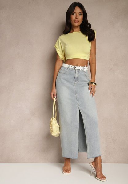 Jasnoniebieska Spódnica Jeansowa o Ołówkowym Kroju Zdobiona Rozcięciem Lisovira. Niebieskie spódnice Renee, na co dzień, m, z aplikacjami, z jeansu, eleganckie, maxi, ołówkowe. Za 39.99 zł.