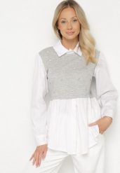 Szara Rozkloszowana Bluzka Koszulowa z Wiskozą z Wszytą Kamizelką z Cyrkoniami Uliaviela. Szare bluzki Born2be, bez wzorów, z jeansu, eleganckie, bez kołnierzyka, bez ramiączek. W wyprzedaży za 84.99 zł.