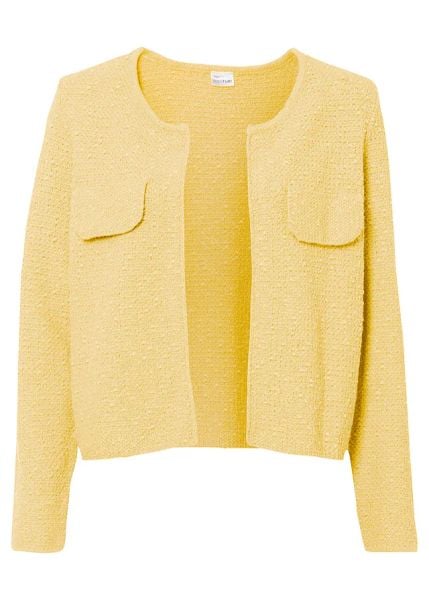 Kardigan z przędzy bouclé. Żółte kardigany bonprix, bez wzorów. Za 127.99 zł.