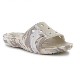 Klapki unisex Crocs Classic Marbled Slide. Brązowe klapki Crocs, bez wzorów, z materiału, bez obcasa. Za 239.00 zł.
