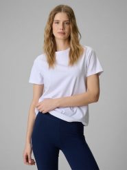 4F T-shirt regular gładki damski - biały S. Białe t-shirty 4f, s, bez wzorów, z materiału, bez kołnierzyka, bez ramiączek. Za 49.99 zł.