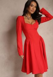 Czerwona Sukienka o Rozkloszowanym Kroju z Gorsetową Górą Tillitte. Czerwone sukienki Renee, na co dzień, m, bez wzorów, eleganckie, bez kołnierzyka, bez ramiączek, midi, dopasowane. Za 119.99 zł.