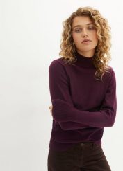 Sweter z cienkiej dzianiny z bawełną z recyklingu. Czarne golfy bonprix, bez wzorów, z bawełny, bez ramiączek. Za 64.99 zł.