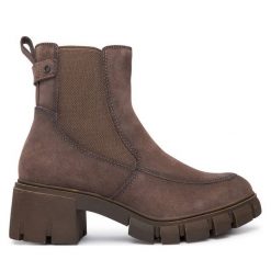 Botki Tamaris. Brązowe botki Tamaris, bez wzorów, bez obcasa, na słupku, bez zapięcia. Za 489.99 zł.