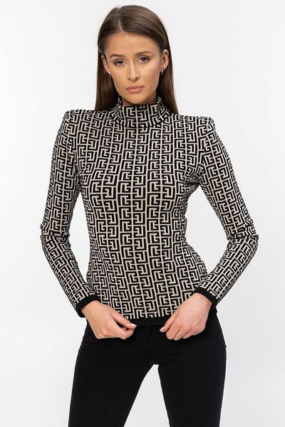 BALMAIN Damska bluzka z golfem w czarny monogram, Rozmiar 36. Brązowe golfy Balmain, s, bez wzorów, z dzianiny, bez ramiączek. W wyprzedaży za 2,999.99 zł.