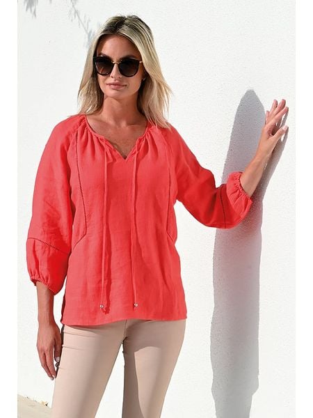 Bleu d'Azur Lniana bluzka "Shanti" w kolorze koralowym rozmiar: 36/38. Czerwone bluzki Bleu d'Azur, w ażurowe wzory, ze lnu, klasyczne, bez kołnierzyka, bez ramiączek. Za 74.28 zł.