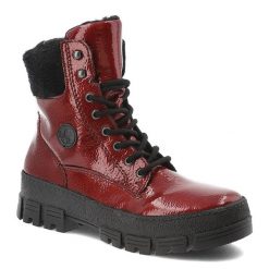 Czerwone Botki Rieker Lakierowane Buty Damskie. Czerwone botki Rieker, na zimę, bez wzorów, z lakierowanej skóry, bez obcasa, bez zapięcia. Za 399.00 zł.