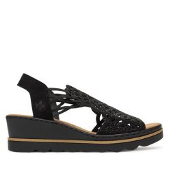 Sandały Rieker. Czarne sandały Rieker, bez wzorów, bez obcasa, na koturnie, bez zapięcia. Za 349.99 zł.