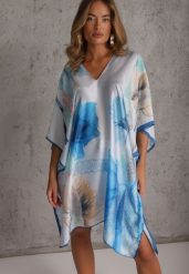 Niebieskie Ponczo z Wiskozy w Kwiatowy Print z Lamówką Twigs. Niebieskie swetry Renee, uniwersalny, bez wzorów, z wiskozy, bez ramiączek. Za 59.99 zł.