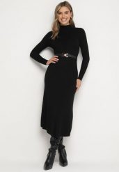 Czarna Sukienka Dzianinowa z Domieszką Wełny i Ozdobnym Paskiem Nirisia. Czarne sukienki Born2be, na co dzień, m, bez wzorów, z dzianiny, eleganckie, bez kołnierzyka, bez ramiączek, maxi, proste. Za 159.99 zł.