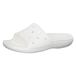 Klapki damskie Crocs Classic Slide. Białe klapki Crocs, bez wzorów, z materiału, bez obcasa. Za 121.55 zł.