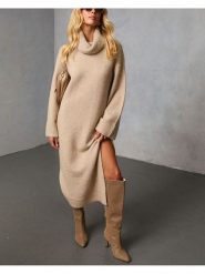 Milan Kiss Sukienka dzianinowa w kolorze beżowym rozmiar: M. Brązowe sukienki Milan Kiss, na co dzień, m, bez wzorów, z dzianiny, bez kołnierzyka, bez ramiączek, maxi, proste. Za 195.99 zł.