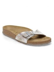 Birkenstock Klapki "Madrid" w kolorze srebrnym rozmiar: 39. Szare klapki Birkenstock, bez wzorów, ze skóry, z otwartym noskiem, bez obcasa. Za 323.95 zł.