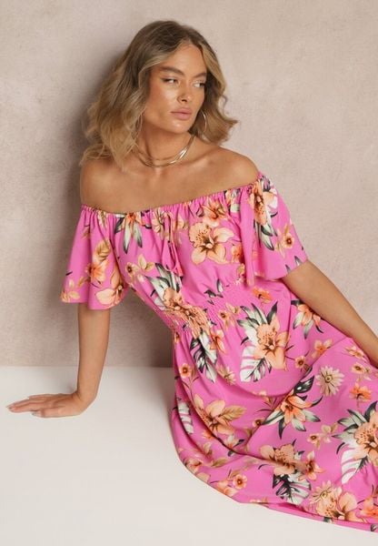 Fuksjowa Sukienka Hiszpanka w Kwiaty z Gumką w Pasie Deviela. Czerwone sukienki Renee, na co dzień, na lato, l, bez wzorów, bez kołnierzyka, bez ramiączek, maxi, rozkloszowane. Za 69.99 zł.