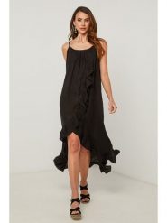 Fleur de Lin Sukienka w kolorze czarnym rozmiar: XL. Czarne sukienki Fleur de Lin, xl, bez wzorów, ze lnu, z asymetrycznym kołnierzem, bez ramiączek, midi, asymetryczne. Za 245.96 zł.