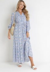 Niebieska Sukienka Maxi z Wiskozy z Gumką w Talii i Materiałowym Paskiem Edeline. Niebieskie sukienki Born2be, na jesień, l, bez wzorów, z materiału, bez kołnierzyka, bez ramiączek, maxi, kopertowe. Za 119.99 zł.