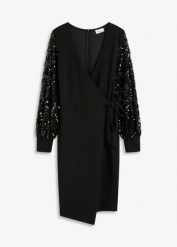 Sukienka midi z aplikacjami z cekinów na rękawach. Czarne sukienki bonprix, z aplikacjami, eleganckie, bez kołnierzyka, bez ramiączek, midi. Za 249.99 zł.