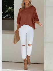 Milan Kiss Bluzka w kolorze jasnobrązowym rozmiar: XL. Brązowe bluzki Milan Kiss, xl, bez wzorów, bez kołnierzyka, bez ramiączek. Za 113.99 zł.