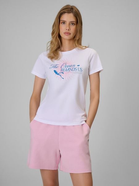 4F T-shirt regular z nadrukiem damski - biały M. Białe t-shirty 4f, m, bez wzorów, z bawełny, bez kołnierzyka, bez ramiączek. W wyprzedaży za 39.99 zł.