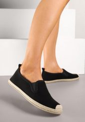 Czarne Espadryle ze Zdobieniami z Plecionki i Elastycznymi Wstawkami Nitaziela. Czarne espadryle Renee, z aplikacjami, z jeansu, bez obcasa, bez zapięcia. Za 54.99 zł.