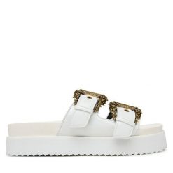 Klapki Versace Jeans Couture. Białe klapki Versace Jeans Couture, bez wzorów, z jeansu, bez obcasa. Za 839.99 zł.