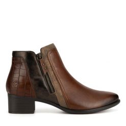 Botki Remonte. Brązowe botki Remonte, bez wzorów, bez obcasa, na słupku, bez zapięcia. Za 419.99 zł.