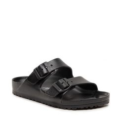 Klapki Birkenstock. Czarne klapki Birkenstock, bez wzorów, bez obcasa. Za 209.99 zł.