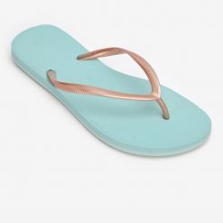 Japonki damskie Olaian 500 Gold Blue. Brązowe klapki OLAIAN, bez wzorów, bez obcasa. Za 54.99 zł.