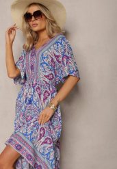 Niebiesko-Fuksjowa Wiskozowa Sukienka Maxi z Gumką w Pasie Ozdobiona Wzorem Paisley Larite. Niebieskie sukienki Renee, na co dzień, na lato, l, bez wzorów, z wiskozy, bez kołnierzyka, bez ramiączek, maxi, rozkloszowane. Za 99.99 zł.