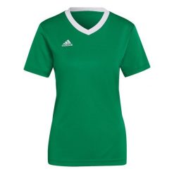 Koszulka piłkarska damska Adidas Entrada 22 Jersey. Zielone bluzki Adidas, xs, bez wzorów, z jersey, sportowe, bez kołnierzyka, bez ramiączek. Za 69.99 zł.