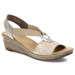 Złote Sandały Rieker Eleganckie Buty Damskie. Żółte sandały Rieker, bez wzorów, z materiału, eleganckie, bez obcasa, na koturnie, bez zapięcia. Za 239.00 zł.