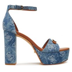 Sandały Guess. Niebieskie sandały Guess, z aplikacjami, bez obcasa, na słupku, bez zapięcia. Za 599.99 zł.