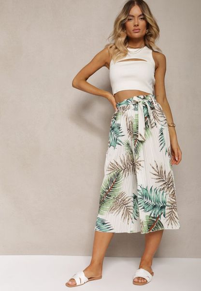 Biało-Zielone Plisowane Spodnie z Szerokimi Nogawkami High Waist z Gumką w Talii Alfia. Białe spodnie materiałowe Renee, na co dzień, l, bez wzorów, z bawełny, z podwyższonym stanem. Za 44.99 zł.