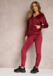 Bordowy 2-częściowy Komplet Dresowy Welurowy z Bluzą i Spodniami Misnes. Czerwone bluzy Renee, s, bez wzorów, z dresówki, z kapturem. Za 84.99 zł.
