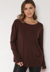 Brązowy Sweter z Kaszmirem i Ozdobnymi Kieszeniami Sanarea. Brązowe swetry Born2be, bez wzorów, z jeansu, bez ramiączek. Za 99.99 zł.