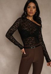 Czarna Bluzka Longsleeve z Koronki z Asymetrycznym Dekoltem Liwedisa. Czarne bluzki Renee, l, bez wzorów, z koronki, z asymetrycznym kołnierzem, bez ramiączek. Za 109.99 zł.