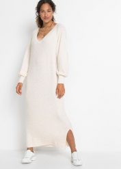 Sukienka dzianinowa oversize. Brązowe sukienki bonprix, bez wzorów, z dzianiny, bez kołnierzyka, bez ramiączek, maxi, oversize. Za 137.99 zł.