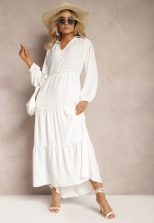 Biała Rozkloszowana Sukienka Maxi z Falbankami i Kołnierzykiem Rehtima. Białe sukienki Renee, xl, bez wzorów, bez kołnierzyka, bez ramiączek, maxi, rozkloszowane. Za 79.99 zł.