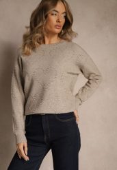 Beżowy Sweter z Tłoczonymi Sercami Unareia. Brązowe swetry Renee, na jesień, l, bez wzorów, z jeansu, bez ramiączek. Za 79.99 zł.